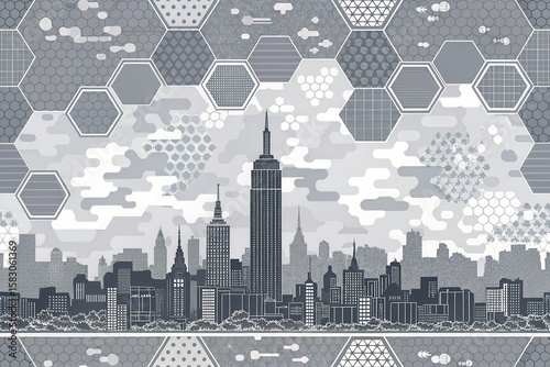 Monochrome Urban Skyline with Geometric Patterns and Hexagonal Design Elements