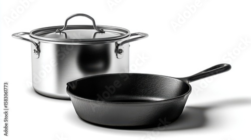 Stainless steel pot and cast iron pan. These kitchen tools represent cooking equipment essentials for culinary creations 