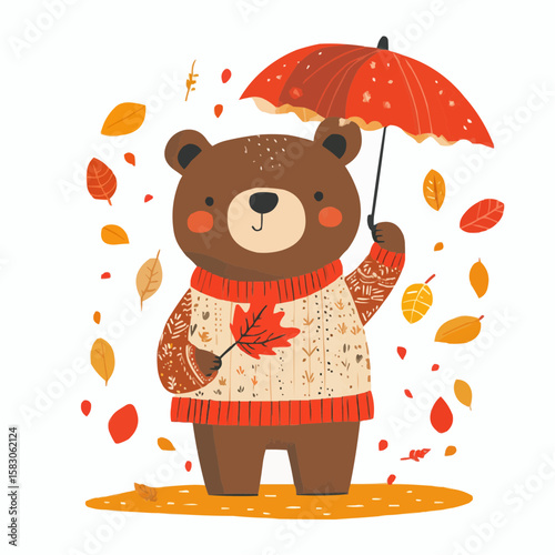 Standing cartoon bear in autumn clothes holding a leaf or umbrella, ideal for seasonal gift tags, fall product labels, and cozy packaging