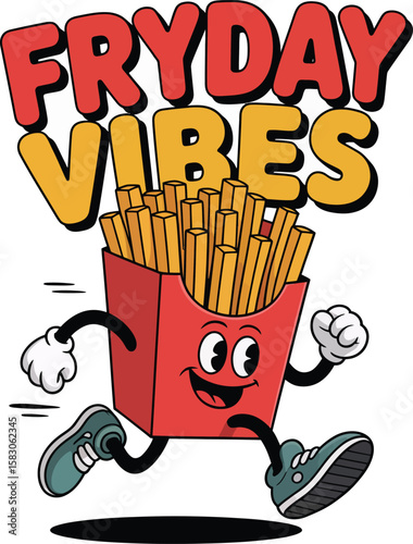 Happy cartoon french fries character running with text fryday vibes celebrating the weekend Vector Graphic T Shirt Design