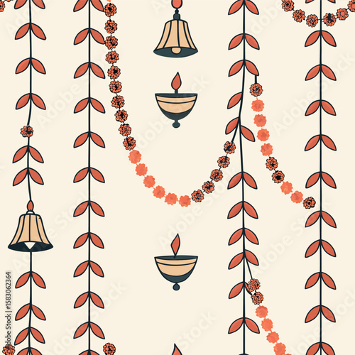 Seamless pattern featuring diwali elements of bells diyas leaf garlands and flowers on a light background