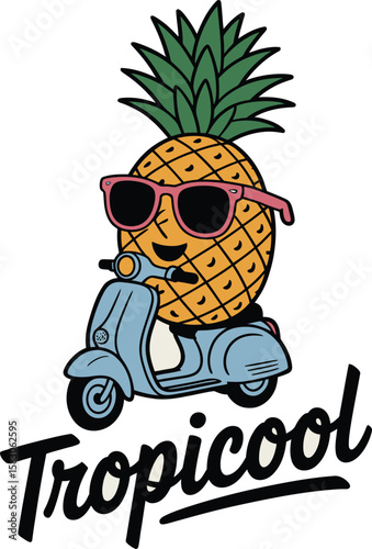 Happy cartoon pineapple wearing sunglasses riding a blue scooter with tropicool text Vector Graphic T Shirt Design