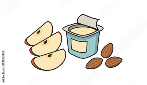 Sliced apple, yogurt cup, and almonds illustration