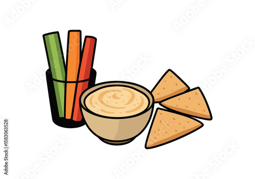 Hummus bowl with veggie sticks and nachos