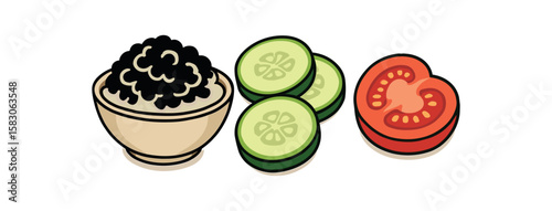 Bowl of rice with sliced cucumber and tomato illustration
