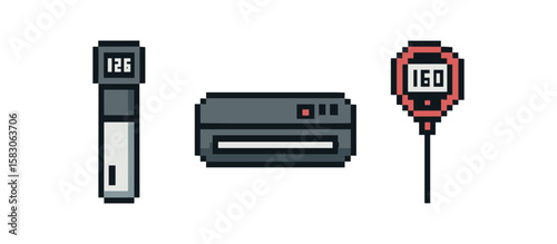 Retro pixel art gadgets - thermometer, device, blood pressure monitor