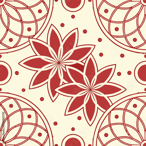 Seamless pattern with decorative floral elements and circular shapes in a retro color scheme