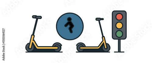 Illustration of electric scooters, traffic light, and pedestrian sign