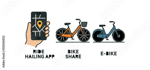 Hand holding smartphone with ride hailing app next to icons of bike share and e-bike