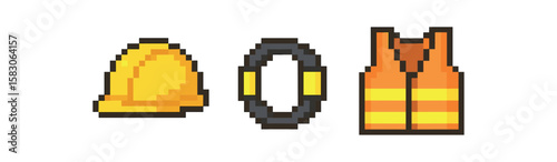Pixel art construction gear icons: hard hat, safety vest, lifebuoy
