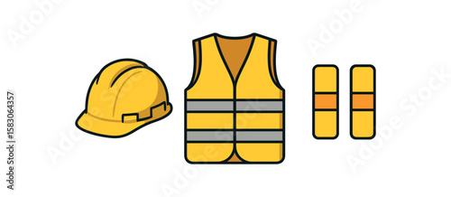 Safety gear essentials: yellow hard hat, reflective vest, knee pads