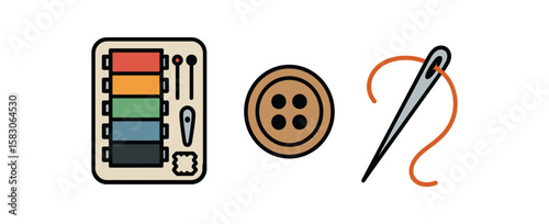 Sewing kit elements needle thread button illustration