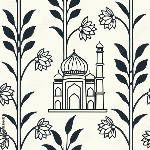 Taj mahal architectural design with floral elements in elegant minimalist style