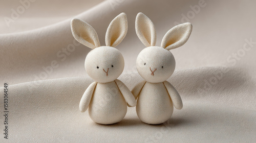 Soft fabric bunny doll with ears and cute face on cloth