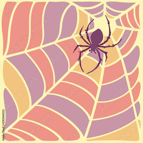 Stylized spider and web illustration in warm and soft color palette for halloween decorations