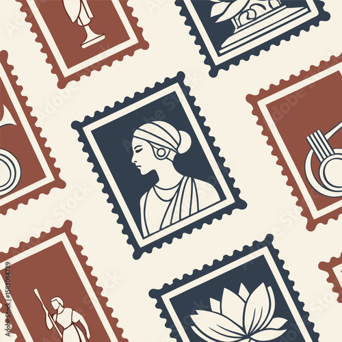 Vintage stamp collection featuring classic greek figures and ornamental designs in a repeating pattern