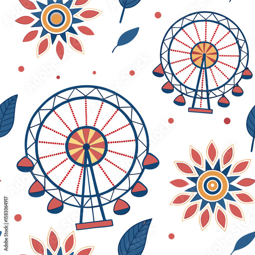 Whimsical seamless pattern featuring ferris wheels decorative floral elements and foliage on a white background