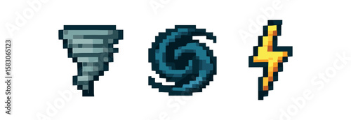 Pixel art weather symbols - tornado, cyclone, lightning