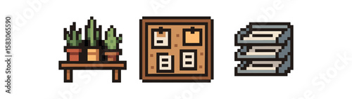 Pixel art office decor with potted plants, clipboards, and file trays