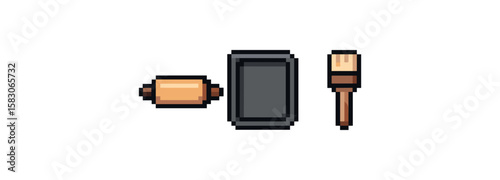 Pixel art bakeware set: rolling pin, loaf pan, pastry brush