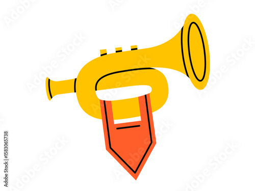 Hand drawn cute cartoon illustration of brass trumpet. Flat vector competition or contest winner sound doodle. Fanfare horn sticker, icon. Award ceremony music. Medieval herald bugle. Isolated.