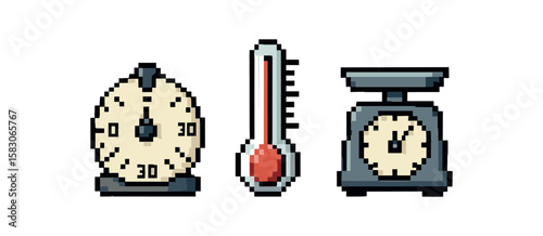 Pixel art kitchen tools - timer, thermometer, scale icons