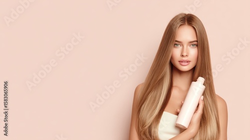 A woman with beautiful long hair, holding a bottle of hair product. The woman has a captivating gaze and looks to the camera. 