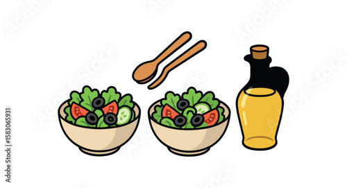 Cartoon salad bowls with olives and olive oil bottle illustration