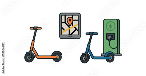 Electric scooter ride-share icons with charging station and gps map