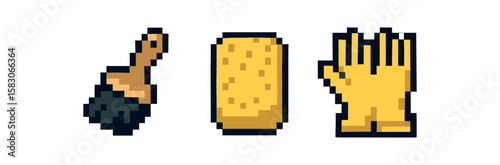 Retro pixel art cleaning tools brush sponge gloves