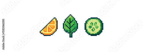 Pixel art orange slice, spinach leaf, cucumber slice on white background