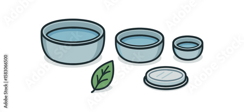 Stacked ceramic bowls with plate and green leaf illustration