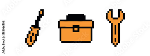Pixel art toolbox with screwdriver, toolbox, and wrench icons