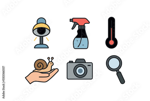 Collection of everyday icons: lamp, spray bottle, thermometer, snail, camera, magnifying glass
