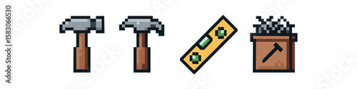 Pixel art tools: hammers, measuring tape, nails
