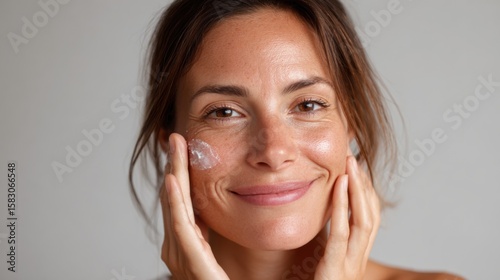 A woman applying skincare product to her face, promoting healthy and radiant skin