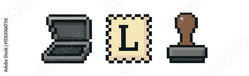 Pixel art ink stamp with open lid and receipt