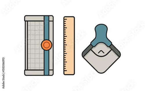 Office tools set with paper cutter, ruler, and tape dispenser