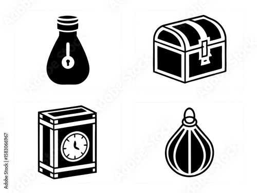 Four black and white icons representing adventure and danger
