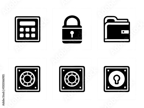 Collection of security and finance icons featuring calculator lock folder and safe