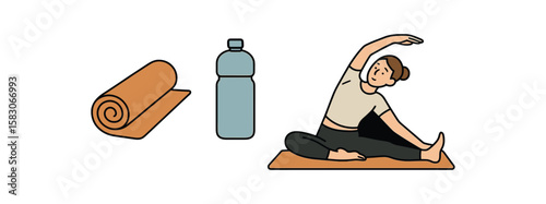 Female asian young adult stretching with yoga mat and water bottle