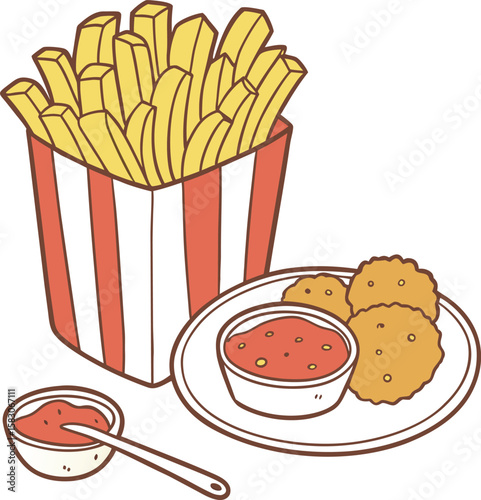 A vector illustration of fast food icons, featuring a classic hamburger, french fries, and drink, perfect for a meal or snack design