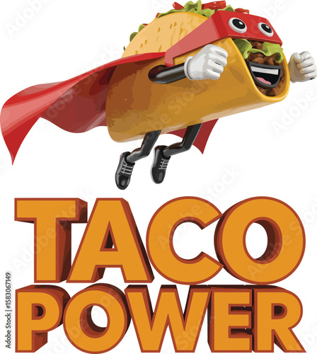 Superhero taco character flying with red cape and mask text taco power Vector Graphic T Shirt Design