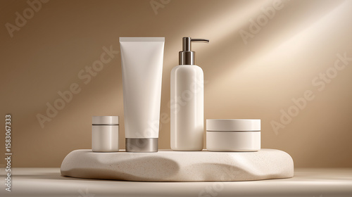 White skincare bottles on textured display jars dispenser