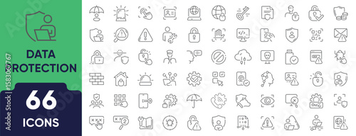 Data Protection Line Icon Set. Set of 66 outline icons including shield, lock, encryption, secure file, password, privacy policy, and access control. Editable stroke. Linear vector illustration.