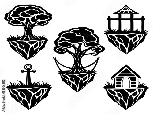 Collection of stylized floating islands with various iconic elements