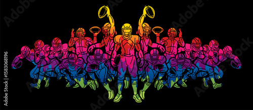 American Football Players Mix Action Cartoon Sport Graphic Vector