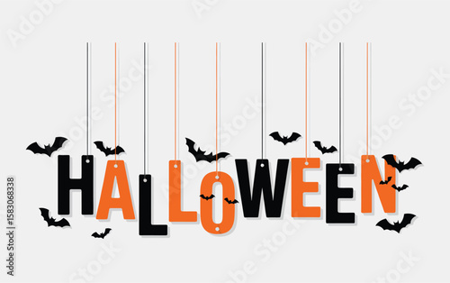 Halloween Hanging Letter Design with Bats – Scary Gothic Text Art, Festive Typography Banner for Party Flyers, Event Posters, and Holiday Graphics