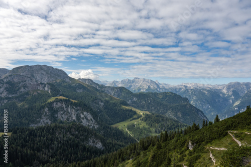 Beautiful mountain landscape in Germany with grey mountains, partly covered with forest the sky is blue and cloudy.