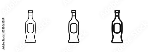 Glass bottle of sauce, oil, vinegar, liquor. Line icon in thin, regular, and bold thickness. For cooking app, web design, ui ux, food packaging. Alcoholic beverage packaging – wine, vermouth. Vector